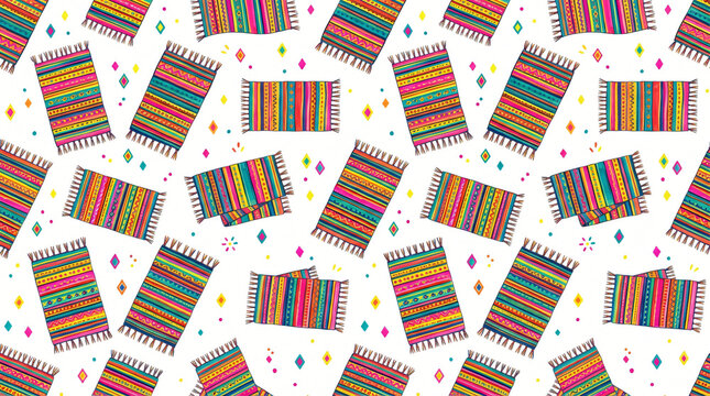 Seamless pattern of hand drawn colorful Mexican serape blanket rugs with vibrant horizontal stripes and tiny geometric diamond accents painted in neon pink yellow teal on white background