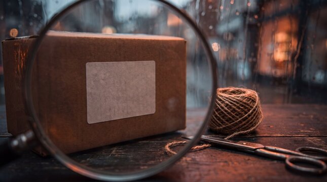 e-commerce marketing concepts, a close-up view of a parcel label beside twine and scissors, evoking a retail atmosphere