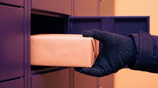 e-commerce strategies, a gloved hand carefully places a blank parcel into a locker, highlighting tactile details