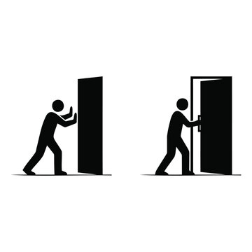 Icons showing a person pushing and pulling a door indicating entrance and exit instructions