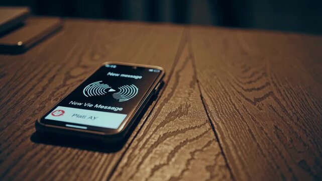 Smartphone resting on wooden desk displays glowing audio message notification. Mobile phone shows interactive voice recording prompt while subtle camera movement observes dark room interior.