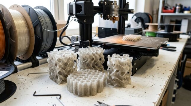 Polymer additive manufacturing setup with translucent printed lattice parts, filament spools, print heads, and a heated build plate on a workbench.