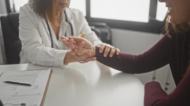 Woman doctor in white coat palpates patient's wrist and supports her hand with stethoscope visible and clipboard on desk in medical building; calm reassurance.