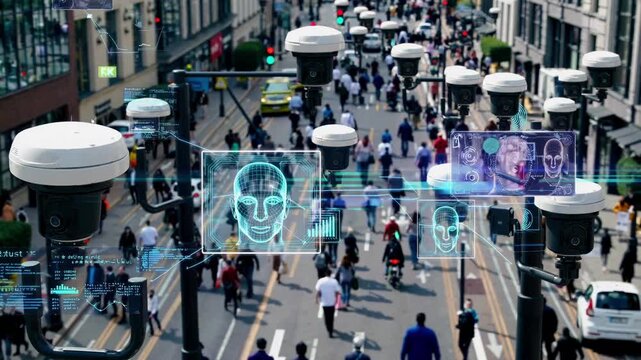 Smart security cameras track city pedestrians during peak hours using automated biometric recognition. Sophisticated digital graphics display targeted user data across crowded public thoroughfare.