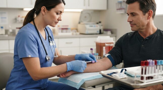 Professional nurse performing a blood draw on a male patient in a modern medical clinic setting