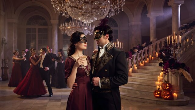Elegant couple wearing masquerade masks at a grand Halloween ball. People dancing in a luxury mansion ballroom decorated with lit pumpkins and candles