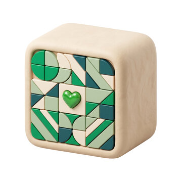 3d cube block with green heart and geometric mosaic pattern isolated