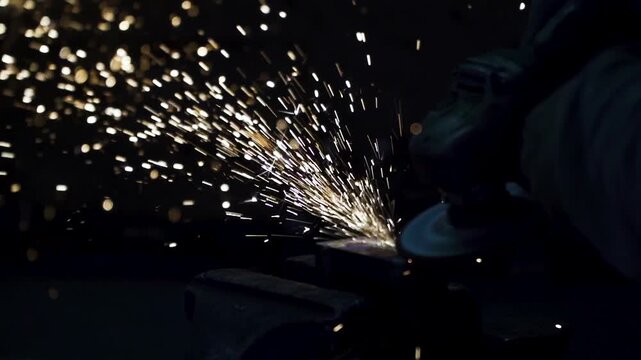 Close-up of skilled welder joining steel metal plates with bright glowing sparks in workshop