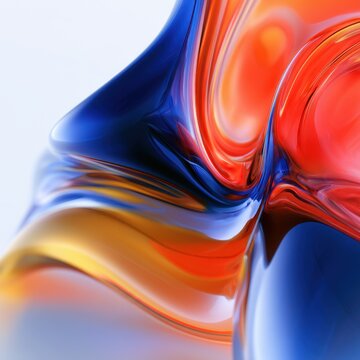 Vibrant fluid waves in abstract colorful glossy shapes blending warm orange, blue, and yellow tones with smooth curving reflections and modern design elements