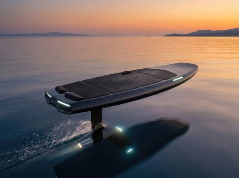 Close view of sleek electric e-foil surfboard with glowing rails on calm sunset water