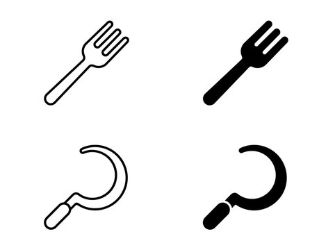 Garden fork and sickle farm tool icons in outline and solid designs