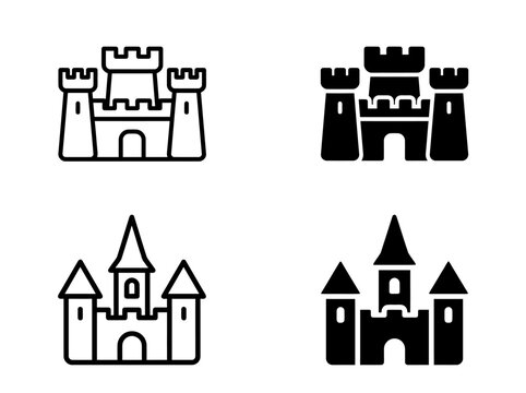 Collection of castle architecture icon set in line and solid style