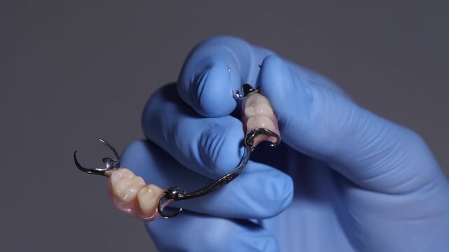 A dental technician in blue gloves holds a partial denture, showcasing its design and structure. The focus is on the denture's components and the technician's careful grip in a clinical setting