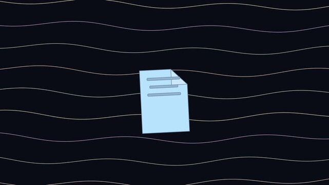 Animated blue paper document icon floating over abstract wavy lines
