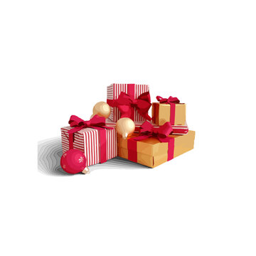 Christmas gift boxes with red ribbons and decorative ornaments for