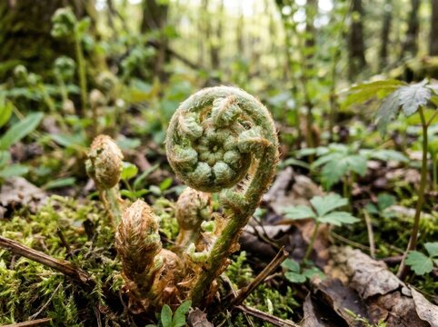 Close-up macro of a green fern fiddlehead unrolling on dark forest floor