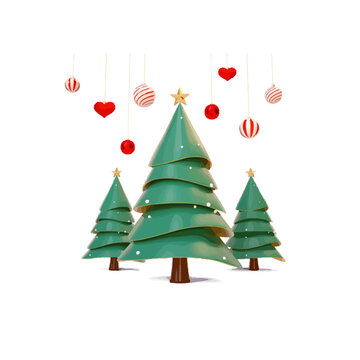 Three stylized christmas trees with hanging red and white ornaments