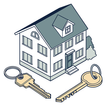 Illustration vectorielle de rendu 3D de la maison avec cl&eacute;s, investissement immobilier, hypoth&egrave;que et location