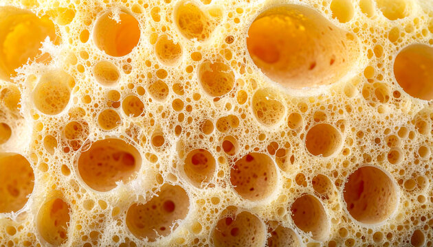 Macro Sponge Texture: An extreme close-up reveals the porous, honeycomb-like structure of a yellow sponge, highlighting its absorbent and cleansing qualities in intricate detail.