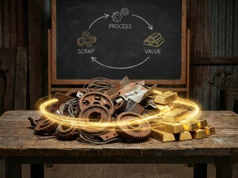 Scrap to gold value creation concept with process diagram on chalkboard background