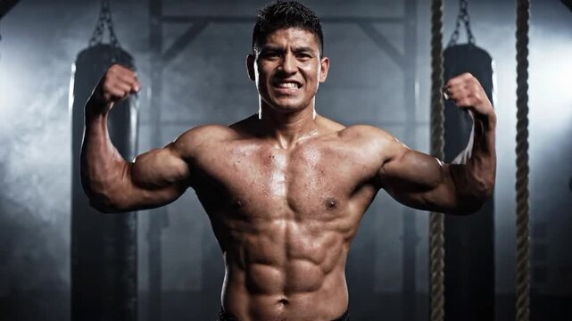 Hispanic bodybuilder shows strength and dedication in gym environment