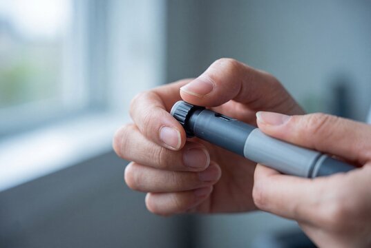 Close-up of person's hands holding and adjusting an insulin pen, diabetes treatment and medical injection
