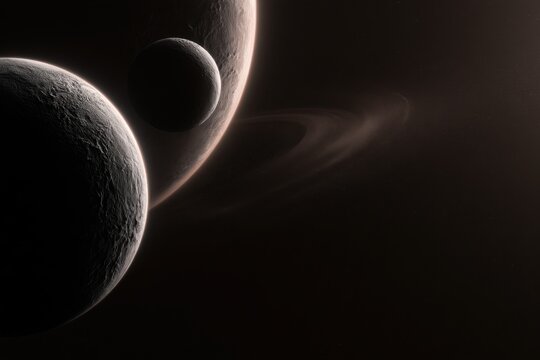 Mysterious dark planets illuminated by soft light with one showing faint rings, portraying an eerie and captivating cosmic scene in deep space exploration