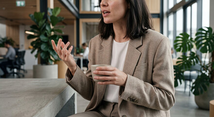 Naklejka premium Unrecognizable Businesswoman Gesturing While Holding A Coffee Cup During A Meeting In Modern Corporate Office