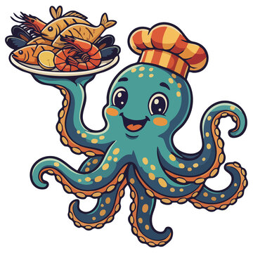 Cute cartoon octopus chef wearing a hat holding a plate of delicious seafood fish and shrimp vector illustration, funny animal mascot character isolated on white background