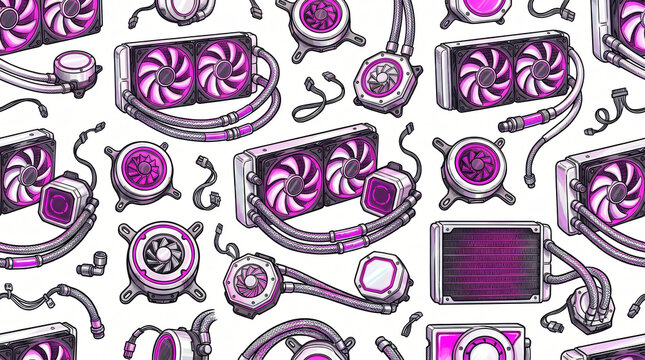 Seamless pattern of hand drawn colorful liquid CPU coolers with premium water blocks flexible braided tubes radiator fins and RGB fans painted in white neon magenta on white background