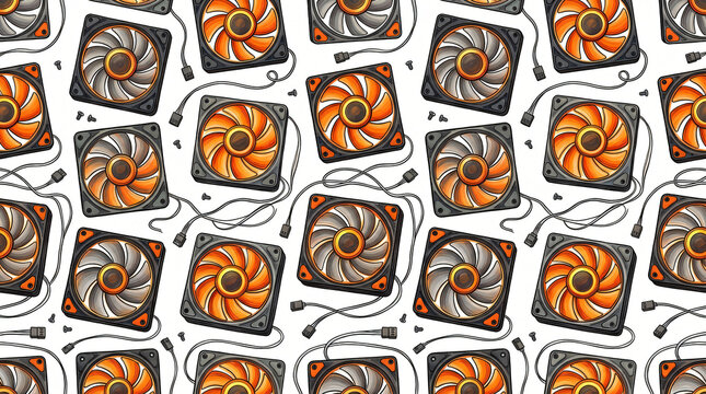 Seamless pattern of hand drawn colored PC case fans with aerodynamic fan blades square frames rubber pads and internal RGB LED rings painted in grey vivid orange on white background