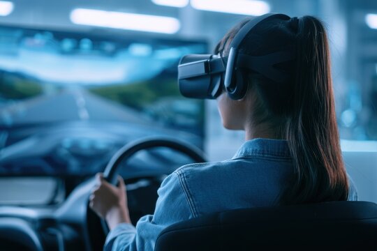 Woman experiencing immersive driving simulation using virtual reality headset and steering wheel in a high-tech environment for training or entertainment