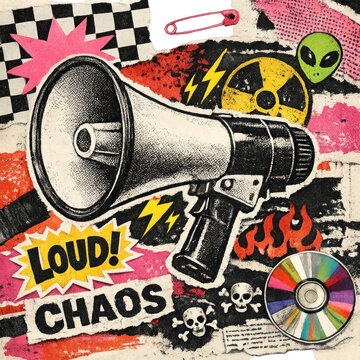 PNG Retro punk collage with megaphone and vibrant elements.
