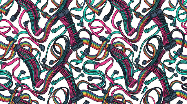 Seamless pattern of hand drawn colorful internal computer cables with 24-pin ATX power cables SATA data cords ribbon wires and plastic combs painted in neon pink teal black on white
