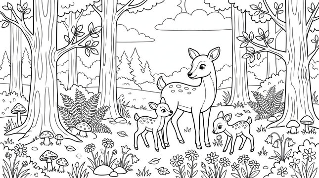 Deer Family Coloring Page &ndash; Woodland Forest Animals & Nature