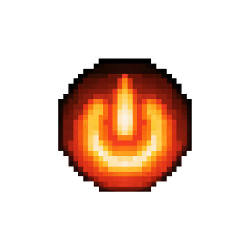 Pixel power button icon glowing with a warm cozy fireplace flame. Isolated white background. Png format