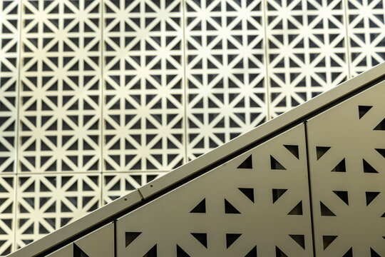 View of the geometric patterned facade and architectural details of the Nederlands Fotomuseum in Rotterdam, South Holland, Netherlands.