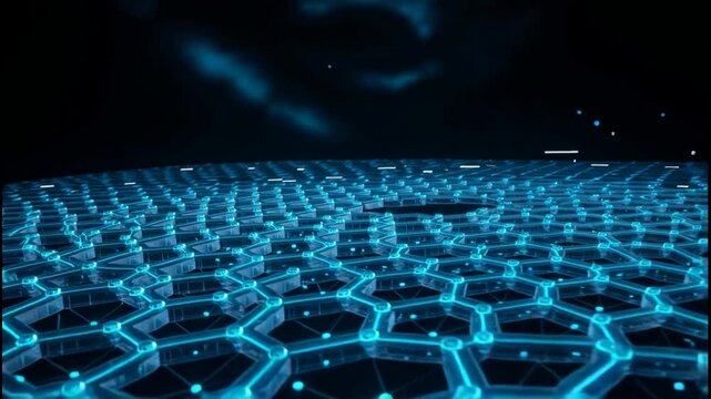 Blue glowing hexagonal network structure with floating particles in dark space
