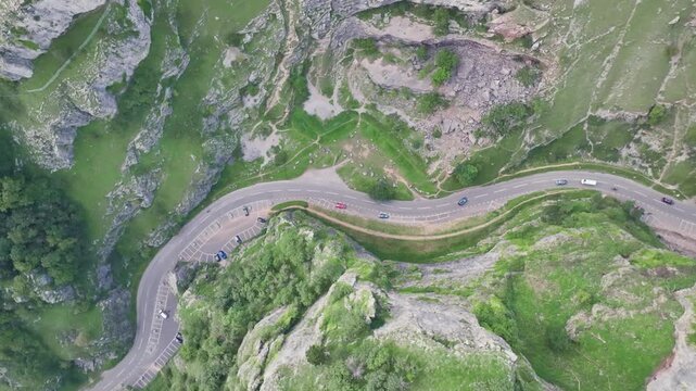 Top Down view over Cheddar Gorge and Caves from a drone, Cheddar, Somerset, England, United Kingdom
