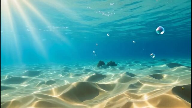 Sunlight beams through clear blue water illuminating sandy ocean floor with rippling patterns and rising bubbles