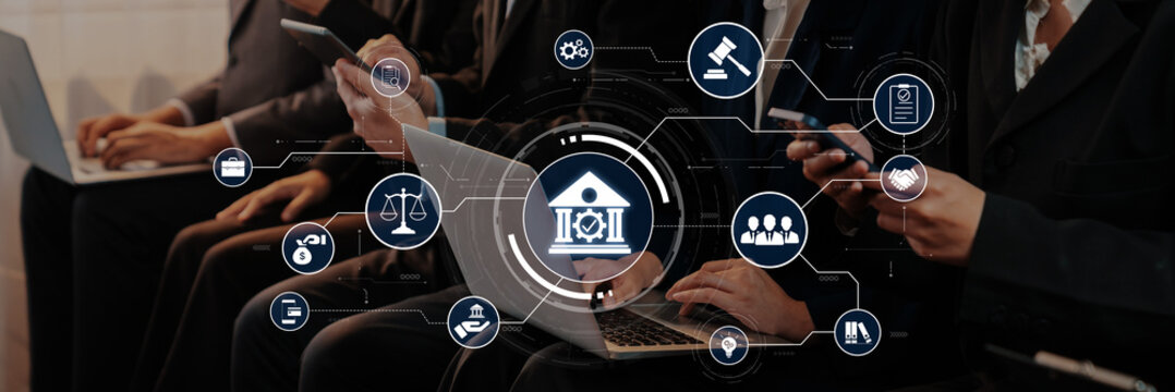 A professional meeting scene showcasing the integration of technology in legal services, featuring digital tools, banking icons, and collaborative discussions for improved service delivery. Trope
