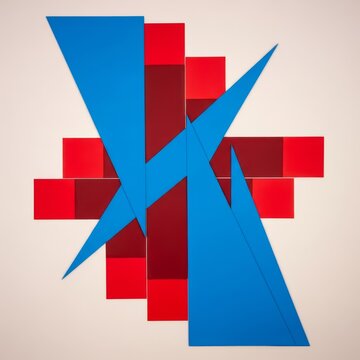 Sharp cerulean blue triangles cut through dark scarlet rectangles and squares on a soft off-white background in this modern abstract art, background, rectangles, design