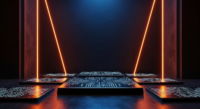 Sharp neon orange lasers frame a dark industrial stage with heavy titanium platforms and visible glowing avionic circuitry in deep perspective, geometric, mechanical, aerospace
