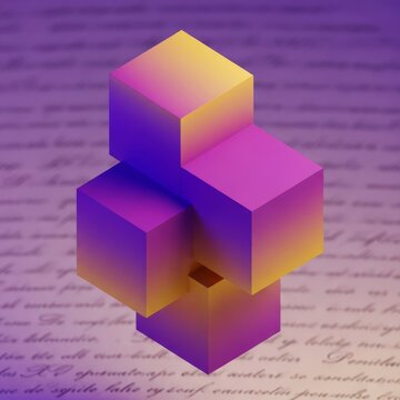 Sharp overlapping isometric cubes with violet and gold gradients create a surrealist geometric illusion over a blurred script background, overlapping, luxury, composition