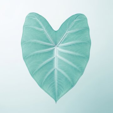 Single giant heart-shaped taro leaf in soft pastel teal featuring pale silver veins and smooth ridges against a clean minimal backdrop, design, teal, ridges