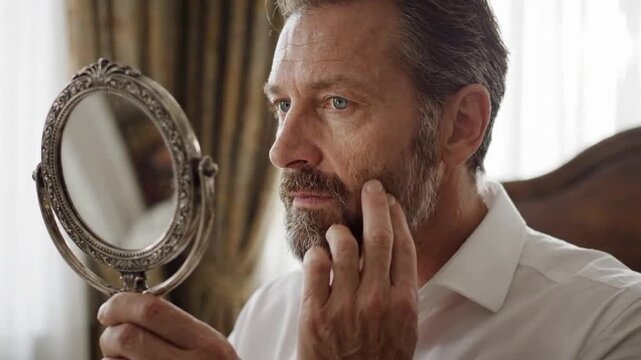Mature man views himself in mirror in a room with natural light
