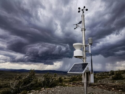 Solar powered meteorological station with anemometer against dark clouds