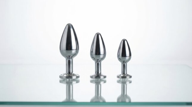 Set of Three Metal Anal Plugs on Glass Surface