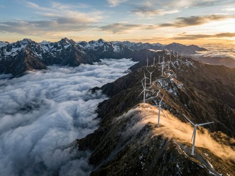 Golden hour aerial view of mountain ridge wind farm above inversion clouds