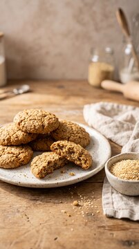 Wheat germ cookies on a rustic plate with a bowl of wheat germ  
